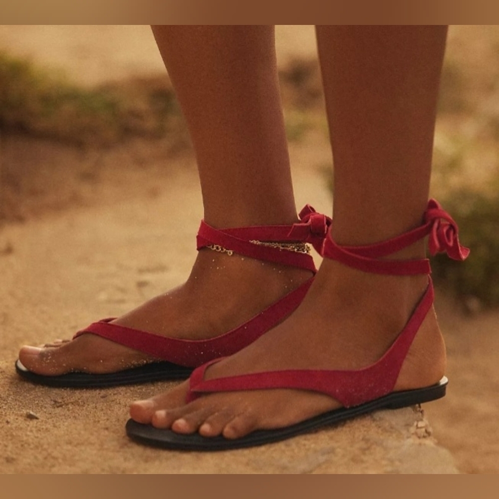 NIB Women's Red Ankle-Tie Flat Sandals
